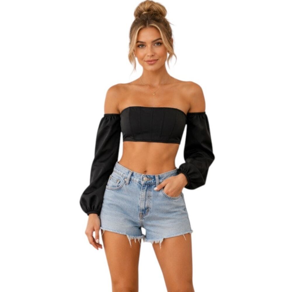 Shein Black Cold Shoulders Long Sleeve Crop Top, L